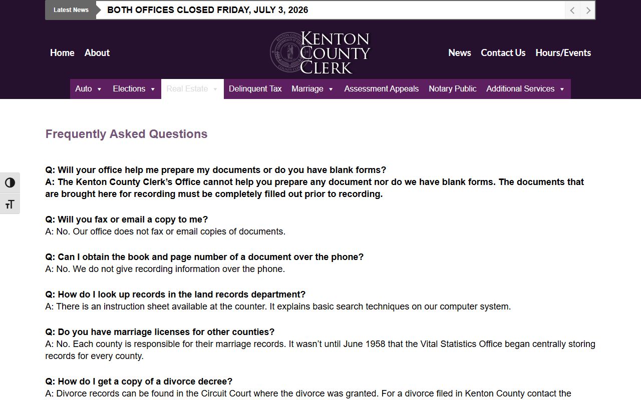 Kenton County County Clerk marriage records FAQ