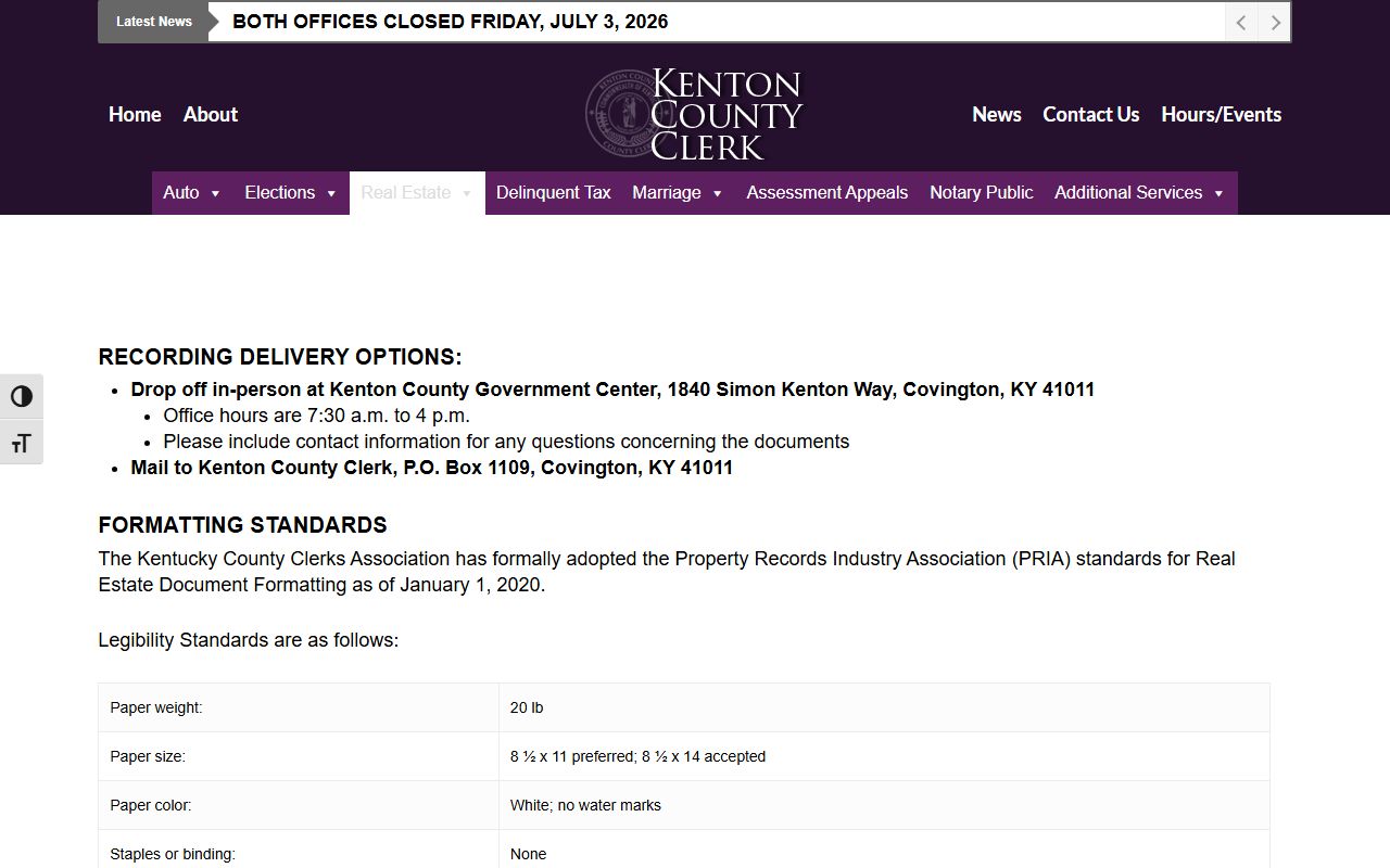 Kenton County County Clerk land record fee schedule