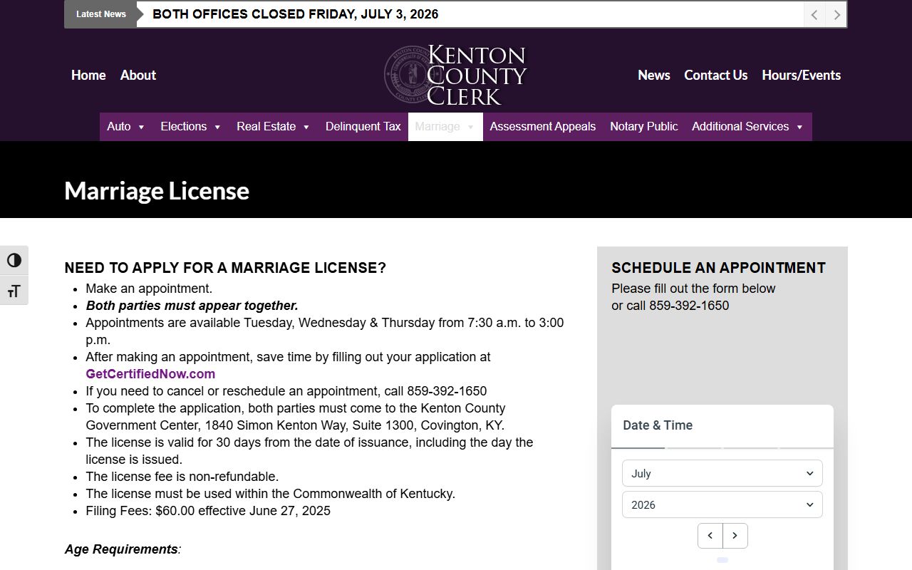 Kenton County marriage records County Clerk page