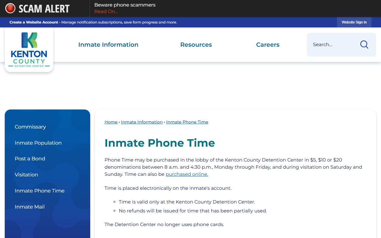 Kenton County inmate phone time purchase rules