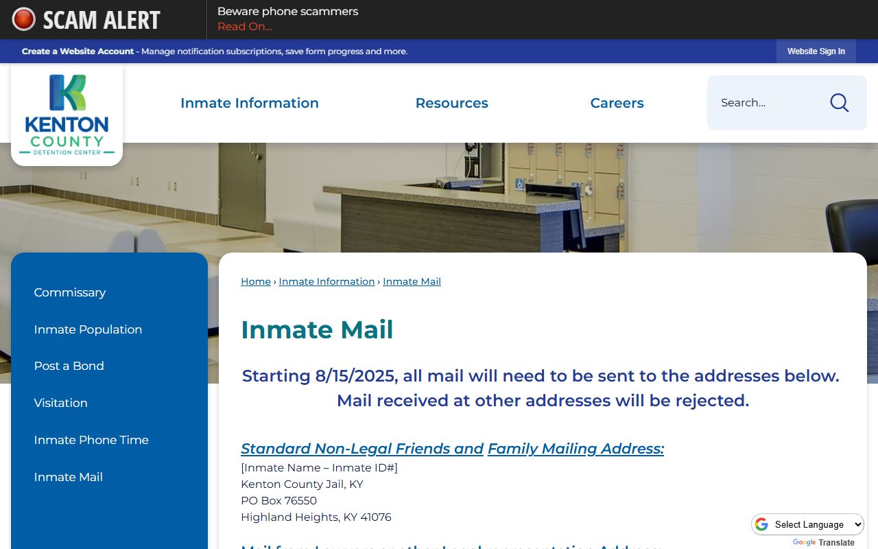 Kenton County inmate mail rules and addresses